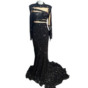 Faeriesty NWT - Black Velour Mesh Cutouts Sequin Mermaid Prom Formal Dress Sz.MD